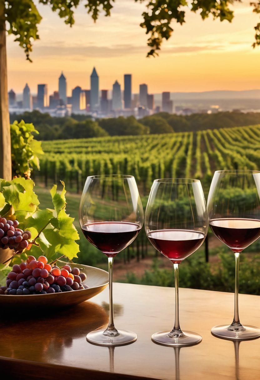 A luxurious wine tasting scene set in an elegant Atlanta winery, showcasing diverse wines being poured into crystal glasses, surrounded by a lush vineyard with Atlanta's skyline in the background. The ambiance is warm with golden evening light, and vibrant foliage adds color. Include a group of diverse people enjoying the experience, engaged in lively conversation. super-realistic. vibrant colors. warm lighting.