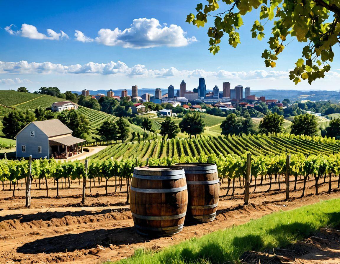 A picturesque vineyard landscape with rows of grapevines under a bright blue sky, accompanied by a rustic wine barrel in the foreground. A diverse group of people toasting with glasses of wine, showcasing community and joy. Include rolling hills in the background, dotted with charming Southern-style homes. Capture the essence of the Atlanta wine scene with a hint of urban skyline in the distance. vibrant colors. super-realistic.