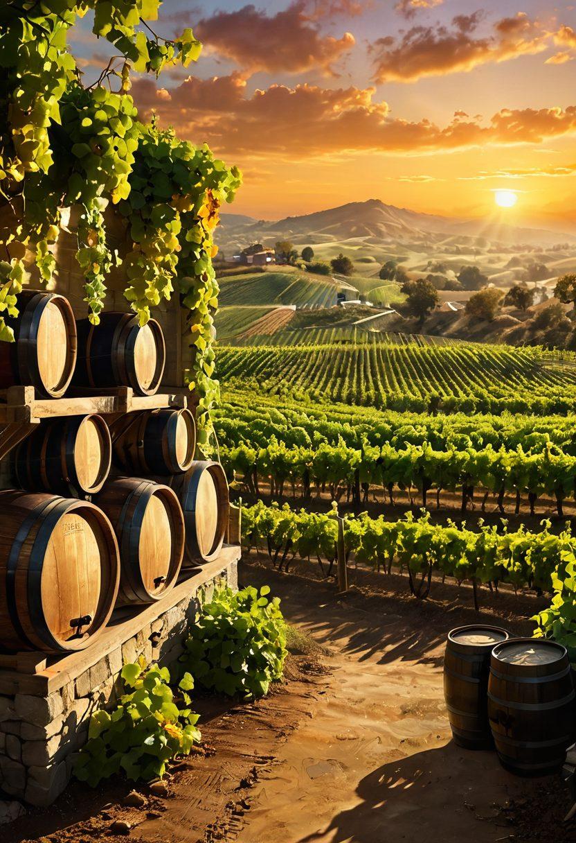 A panoramic vineyard landscape with lush green grapevines under a golden sunset, transitioning into a sophisticated wine cellar filled with barrels and sparkling bottles. Include a glass of red wine reflecting the light, alongside snippets of currency notes and business plans. Visual elements of growth and prosperity should be evident. vibrant colors. super-realistic.